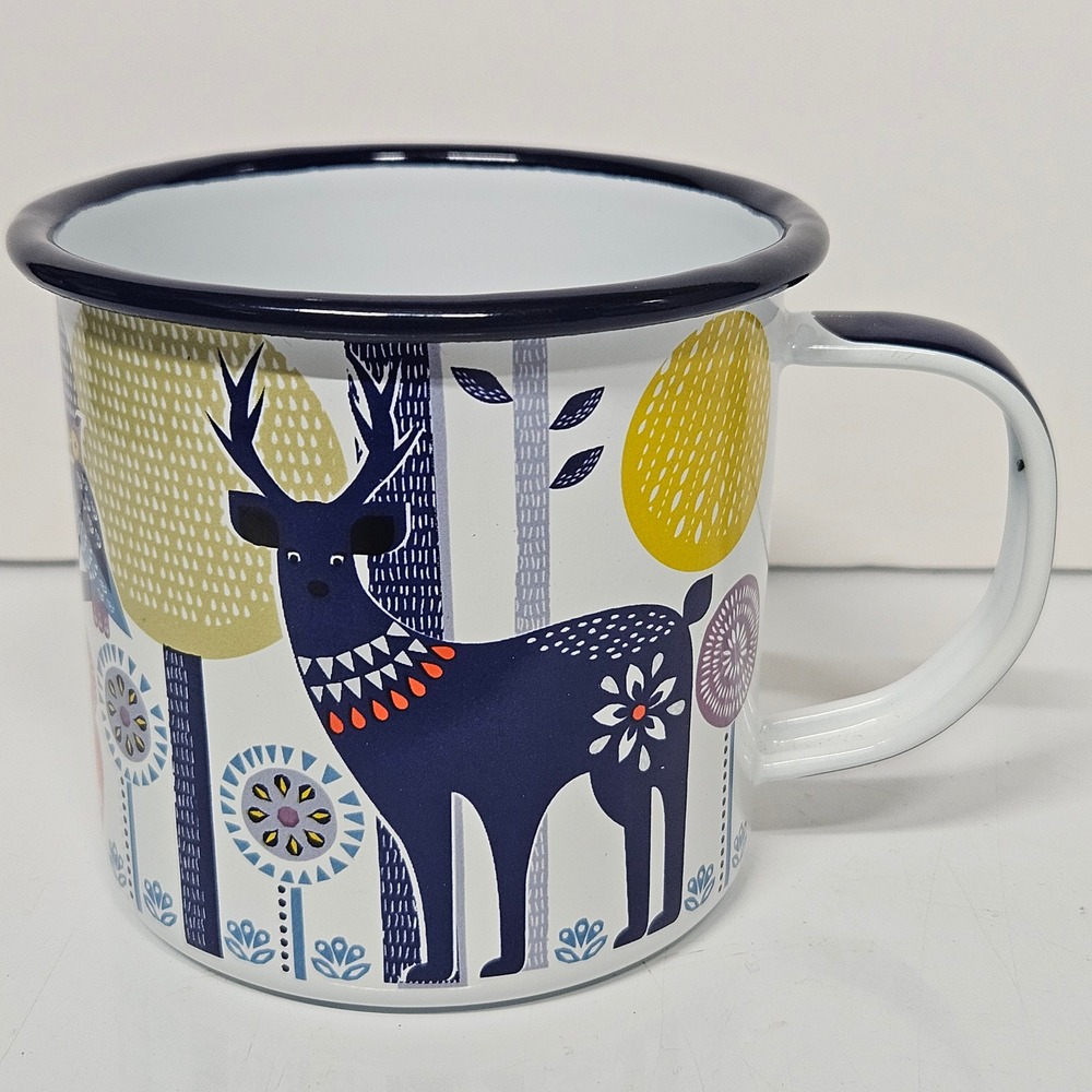 Folklore Enamel Mug White Multi Woodland Animal Folk Art Camping Cup